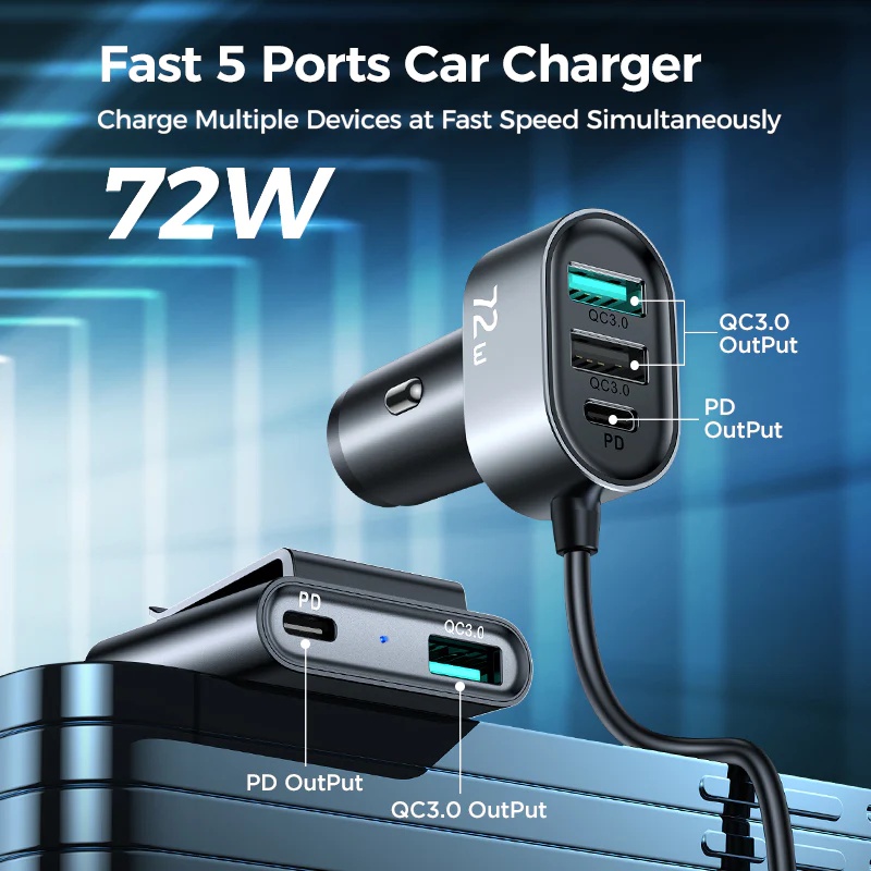 JoyRoom 5-Port Fast Car Charger Adapter 5ft Cable for Front/Back Seat Charging