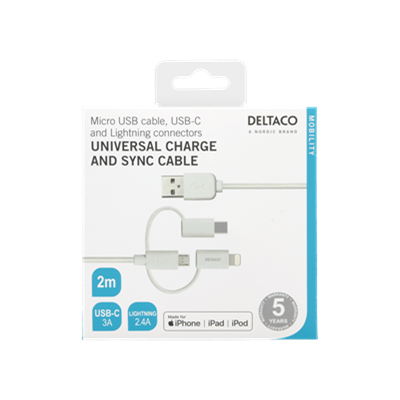 DeltaCo 2 Metre Universal Charging & Sync Cable | USB-C / Lightning / Micro USB