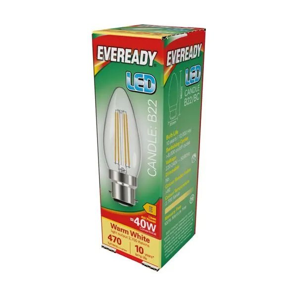 Ever Ready 4w (40w) B22 Clear Filament LED Energy Saver Candle Bulb