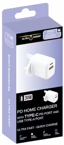 UltraPower White 30w PD Charger | USB & Type C