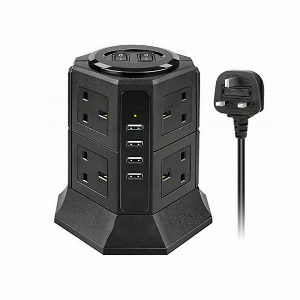 UltraPower 8 Gang & 4 USB Extension Tower Lead | Black