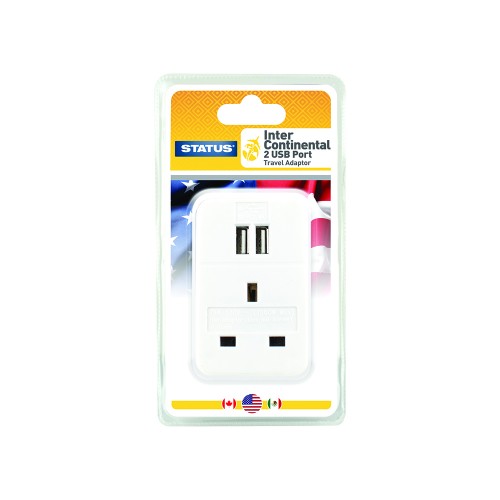 Status Travel Adaptor & 2 USB | Ire to USA (2Pin Flat-13A)