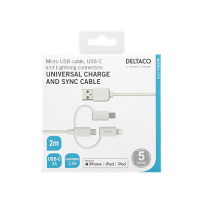 [IPLH181] DeltaCo 2 Metre Universal Charging & Sync Cable | USB-C / Lightning / Micro USB