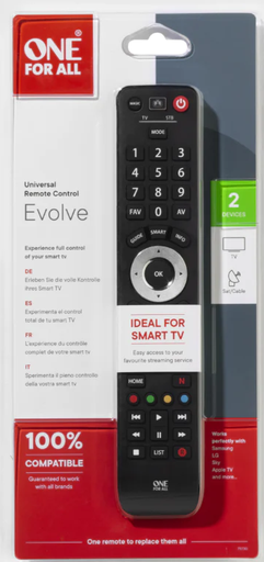 [URC7125] One For All Evolve Universal TV Remote Control c/w Smart Button (2 Devices)
